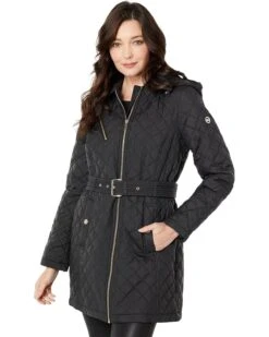MICHAEL Michael Kors Zip Front Belted Diamond Quilt Jacket M424454QZ
